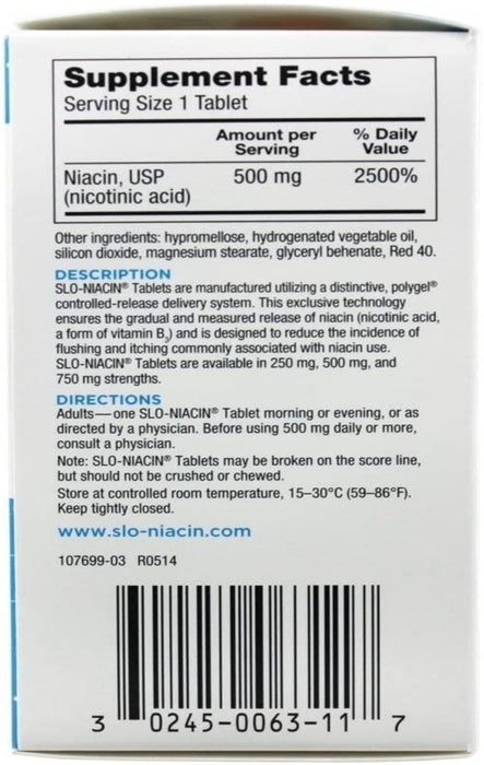 Slo-Niacin Vitamin B3 500 Mg - Slow Release Niacin for Heart Health, Energy Boost, Health Skin, Healthy Blood Sugar Levels - 100 Capsules